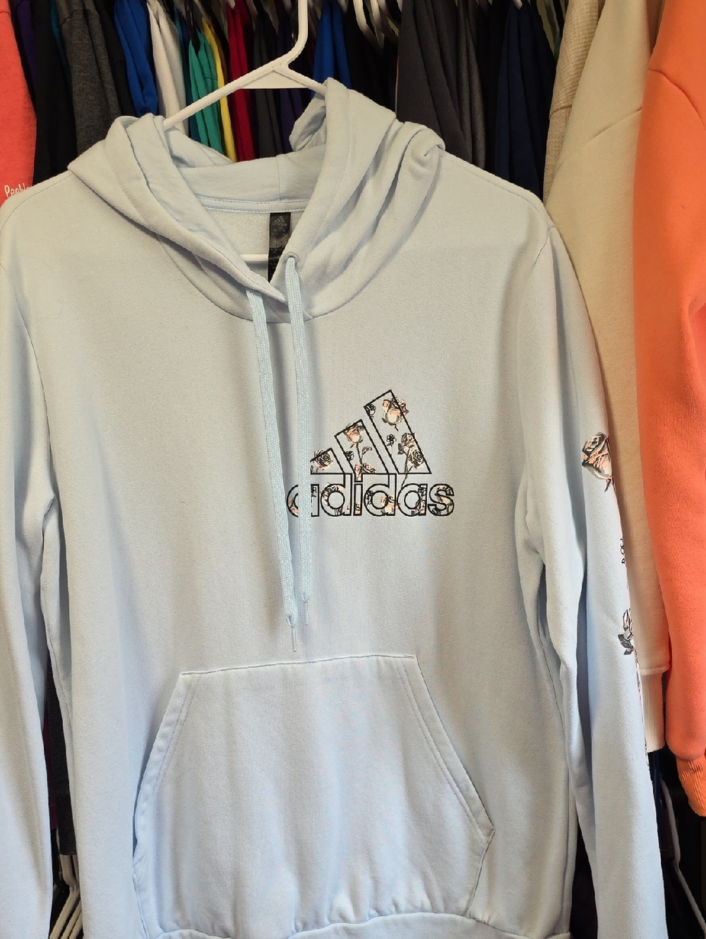 adidas Light Blue Hoodie with Floral Logo